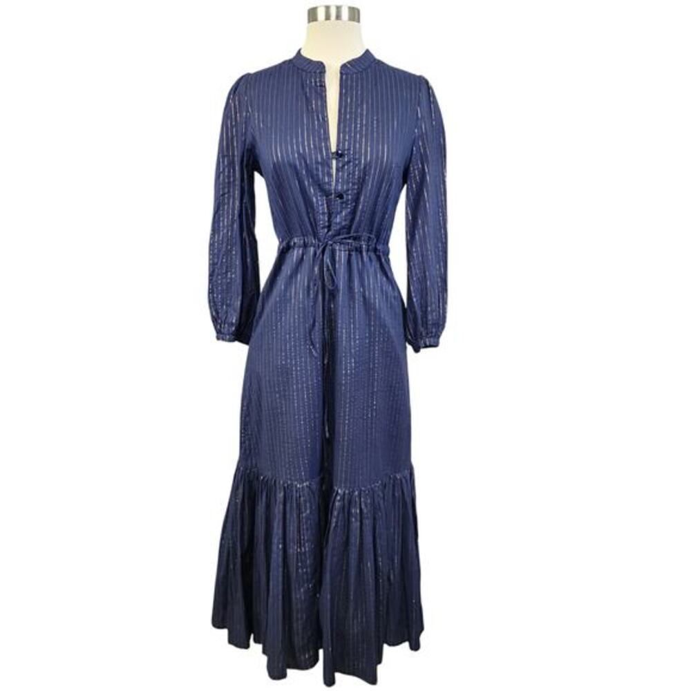 Emerson Frye Womens Frances‎ Maxi Dress 2 Size XS Navy Gold Maritime Lurex India - Picture 2 of 13